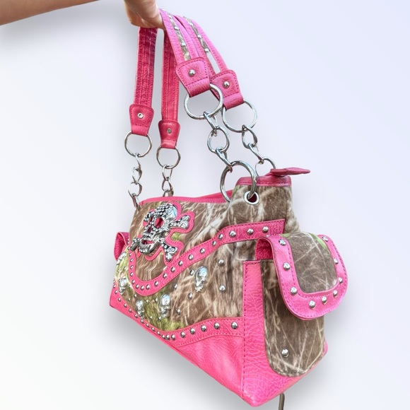 Vtg Y2k Mcbling Purse Pink Camo Shoulder Bag Rhinestones - Picture 3 of 10